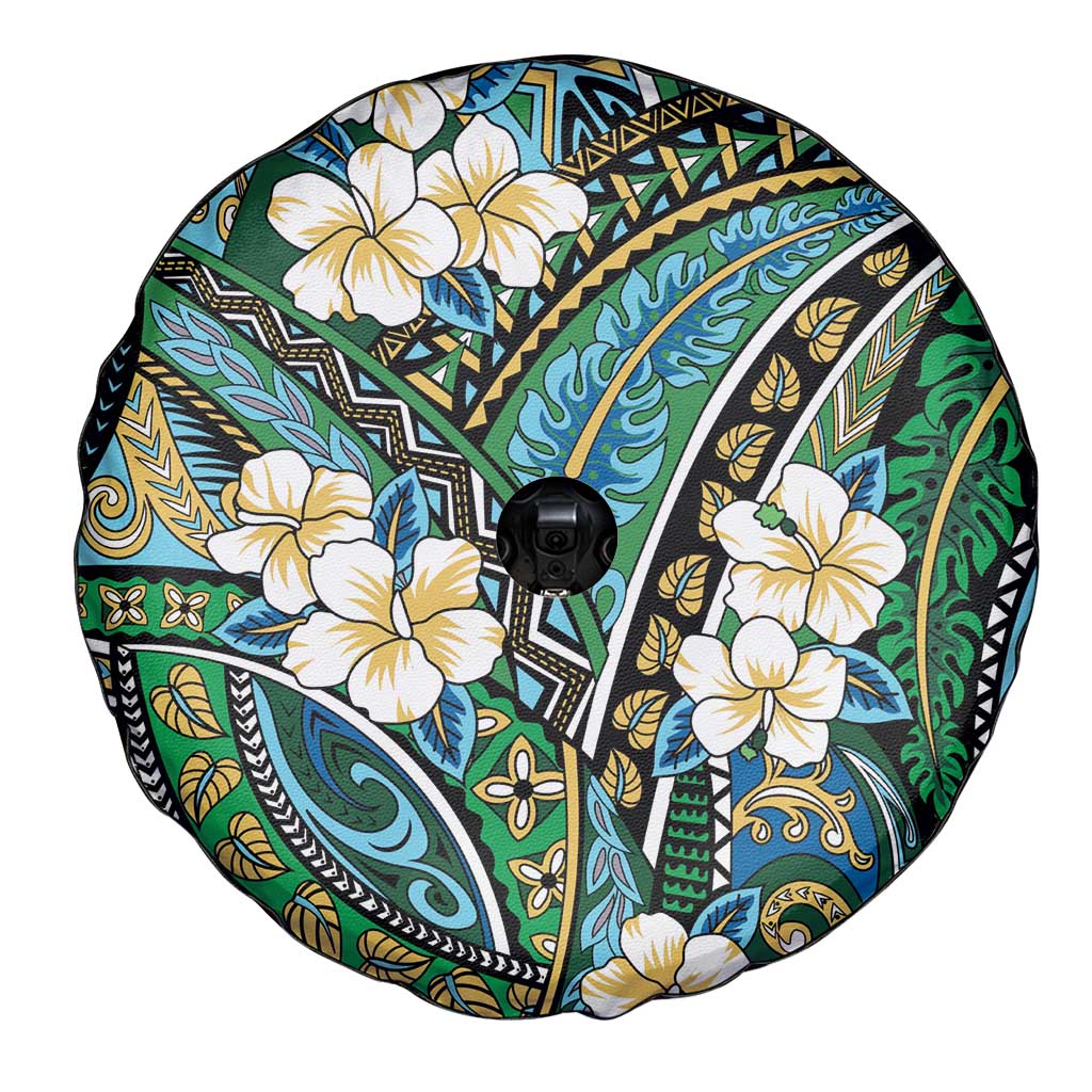 Polynesian Hibiscus Tropical Green Floral Spare Tire Cover Tribal Pattern - Polynesian Pride