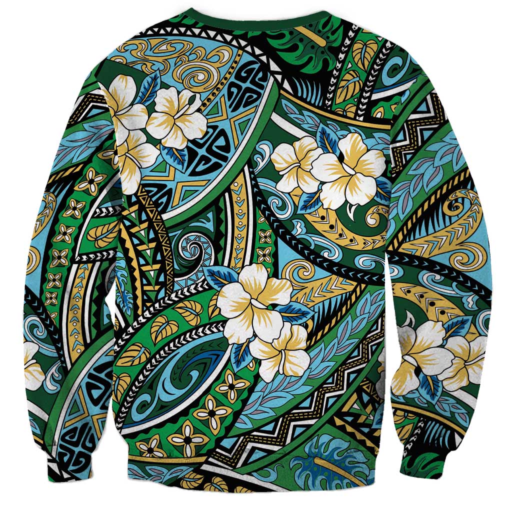 Polynesian Hibiscus Tropical Green Floral Sweatshirt Tribal Pattern - Polynesian Pride