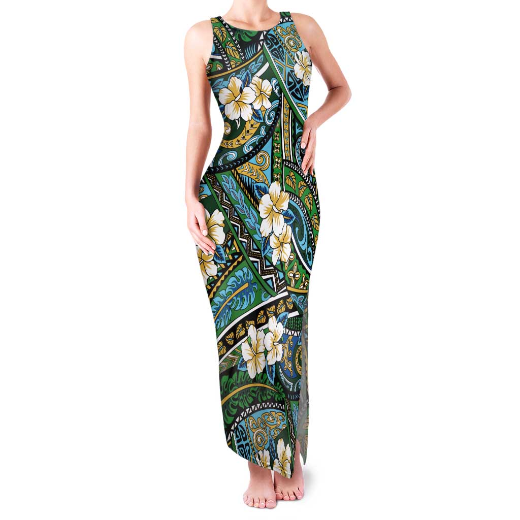 Polynesian Hibiscus Tropical Green Floral Tank Maxi Dress Tribal Pattern - Polynesian Pride