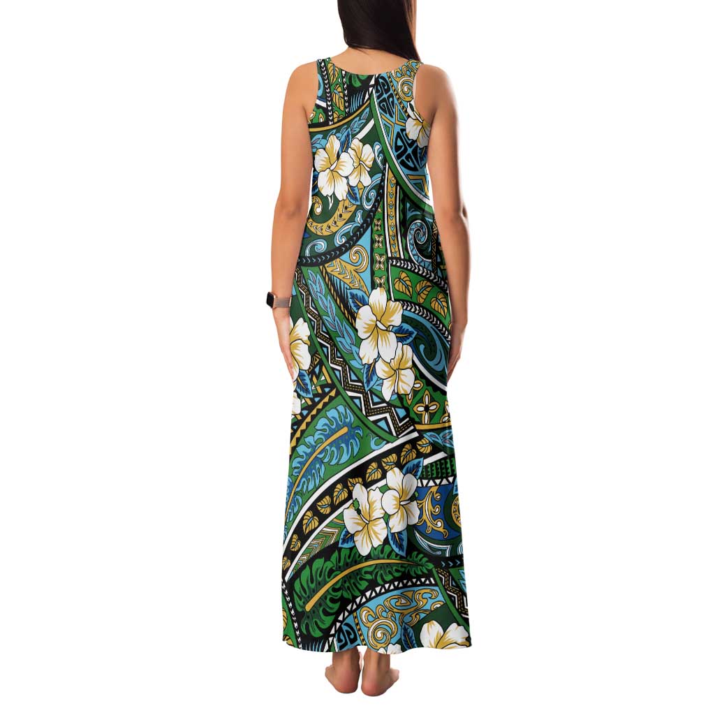 Polynesian Hibiscus Tropical Green Floral Tank Maxi Dress Tribal Pattern - Polynesian Pride