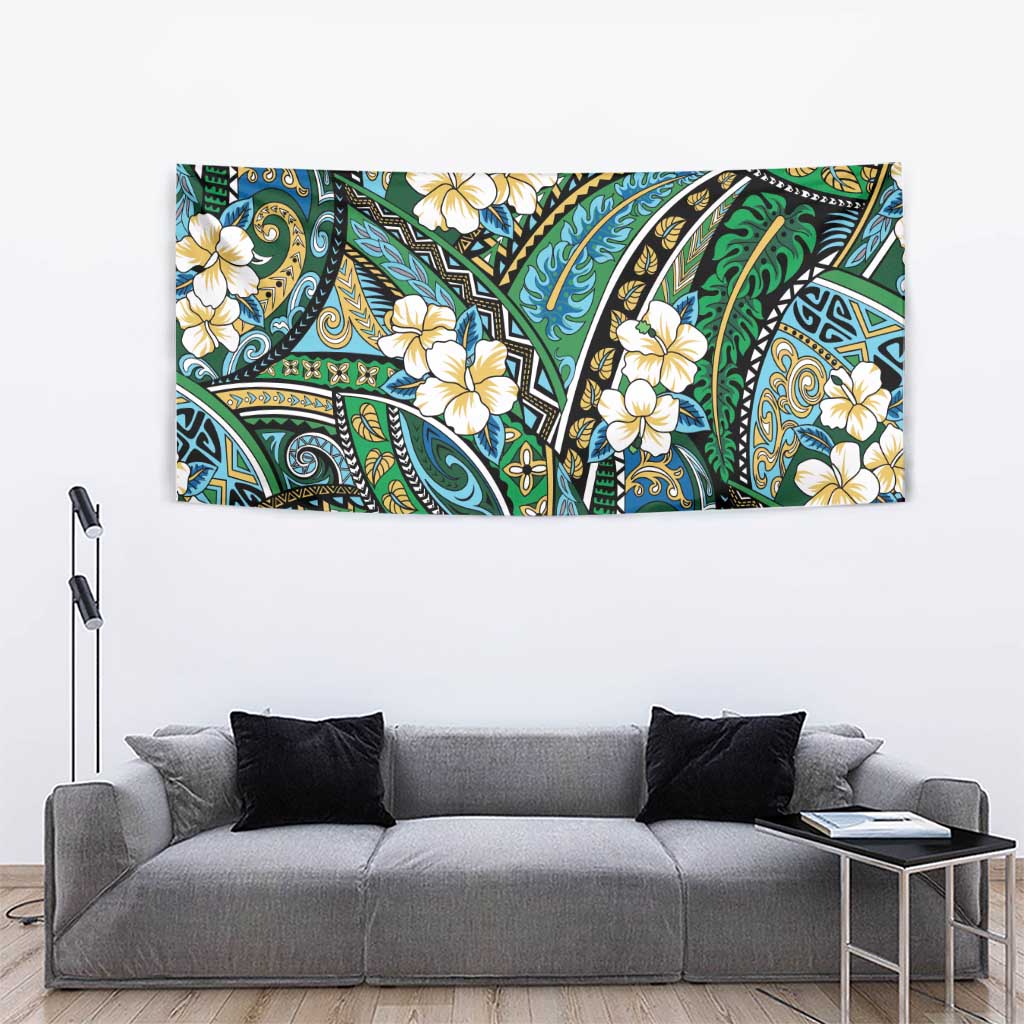 Polynesian Hibiscus Tropical Green Floral Tapestry Tribal Pattern - Polynesian Pride