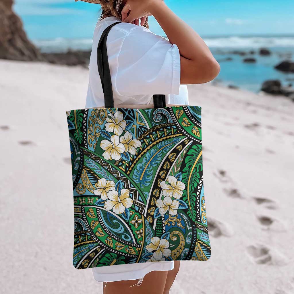 Polynesian Hibiscus Tropical Green Floral Tote Bag Tribal Pattern - Polynesian Pride