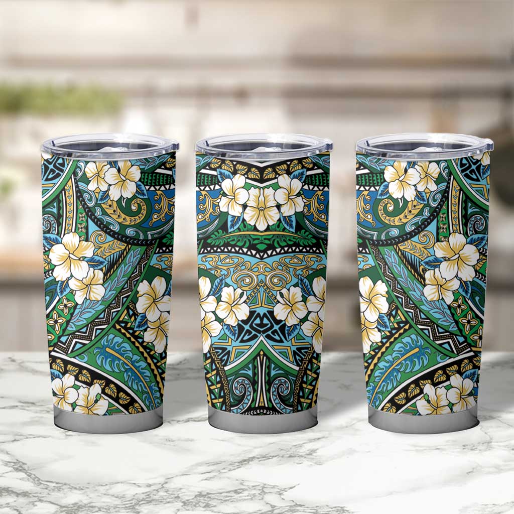 Polynesian Hibiscus Tropical Green Floral Tumbler Cup Tribal Pattern - Polynesian Pride