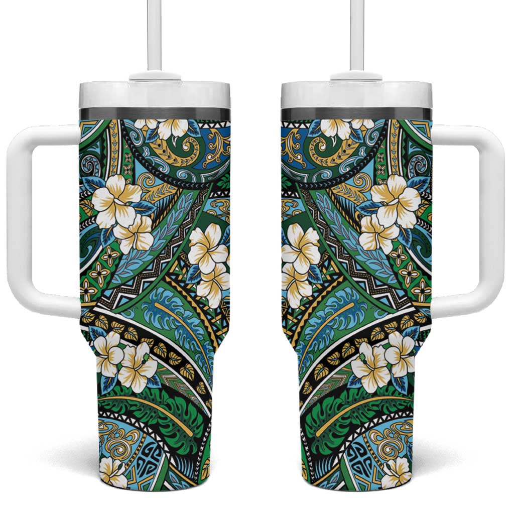 Polynesian Hibiscus Tropical Green Floral Tumbler With Handle Tribal Pattern LT01 One Size: 40 oz Green - Polynesian Pride