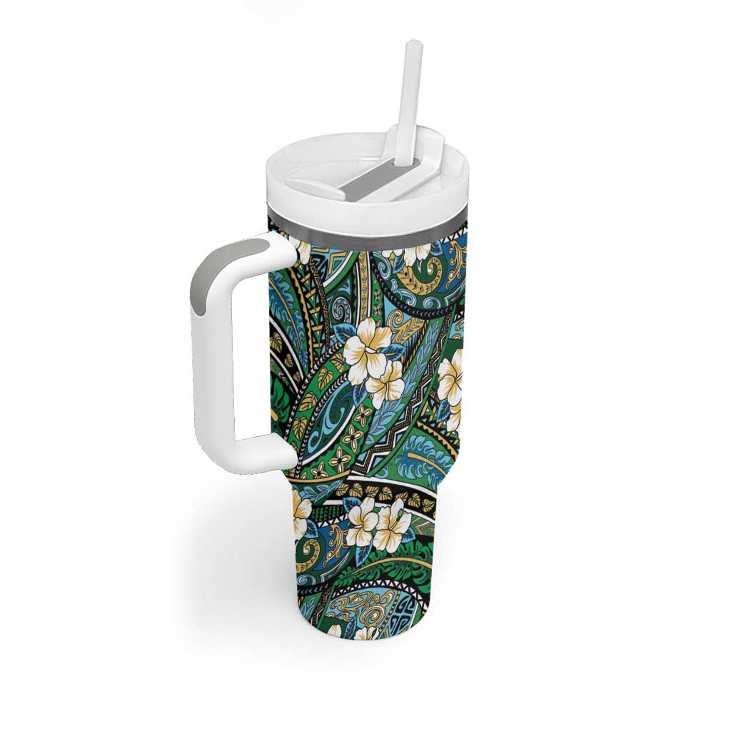 Polynesian Hibiscus Tropical Green Floral Tumbler With Handle Tribal Pattern LT01 - Polynesian Pride