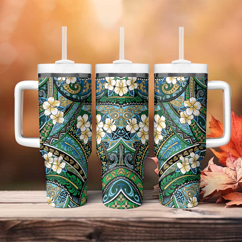 Polynesian Hibiscus Tropical Green Floral Tumbler With Handle Tribal Pattern LT01 - Polynesian Pride