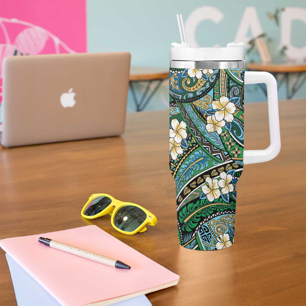 Polynesian Hibiscus Tropical Green Floral Tumbler With Handle Tribal Pattern LT01 - Polynesian Pride