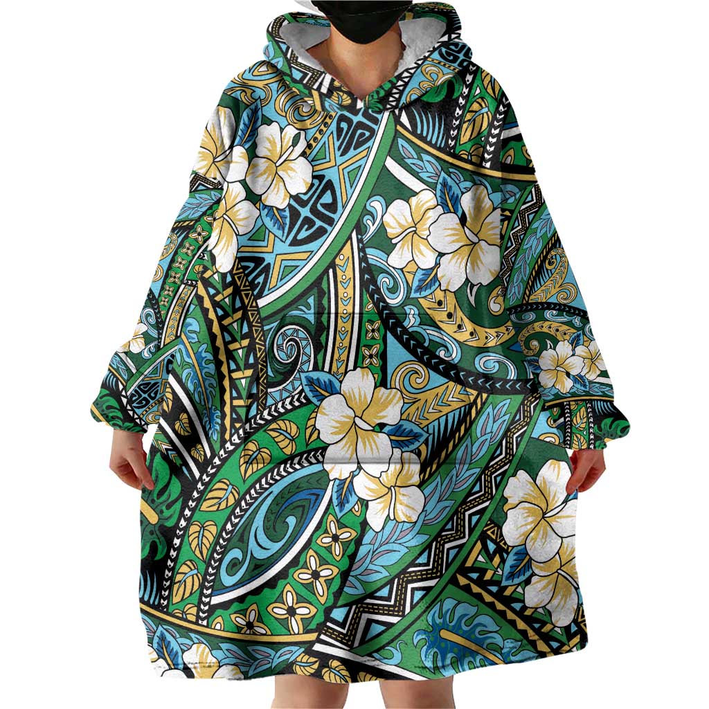 Polynesian Hibiscus Tropical Green Floral Wearable Blanket Hoodie Tribal Pattern - Polynesian Pride