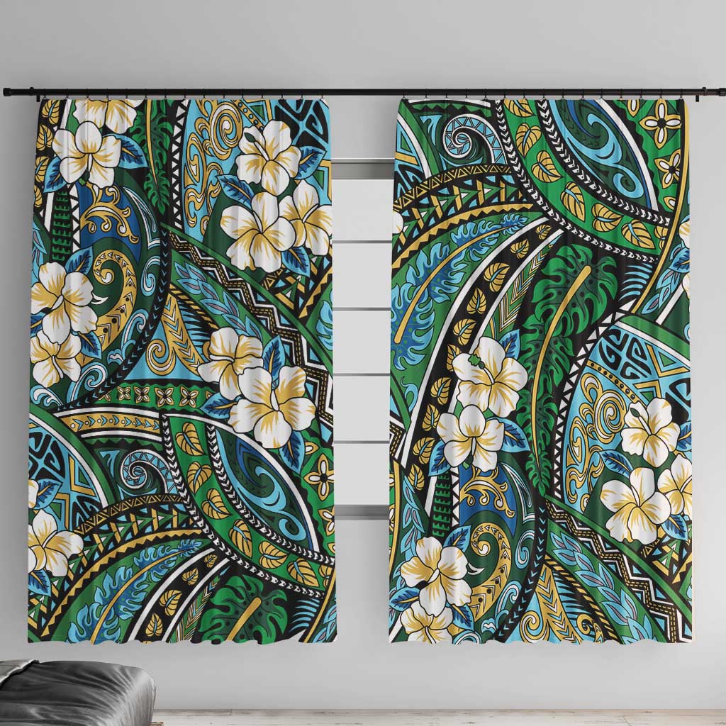 Polynesian Hibiscus Tropical Green Floral Window Curtain Tribal Pattern LT01 With Hooks Green - Polynesian Pride