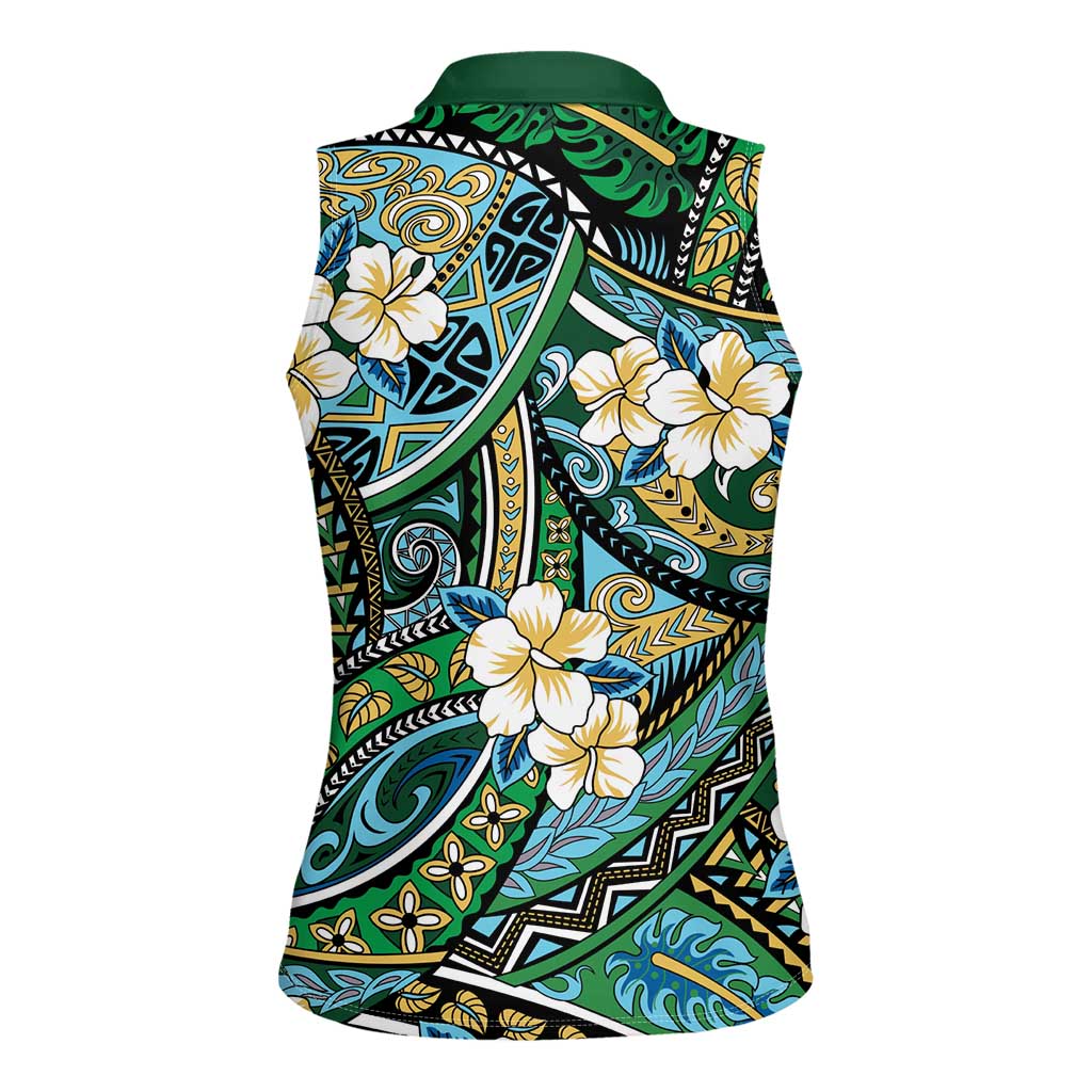 Polynesian Hibiscus Tropical Green Floral Women Sleeveless Polo Shirt Tribal Pattern - Polynesian Pride