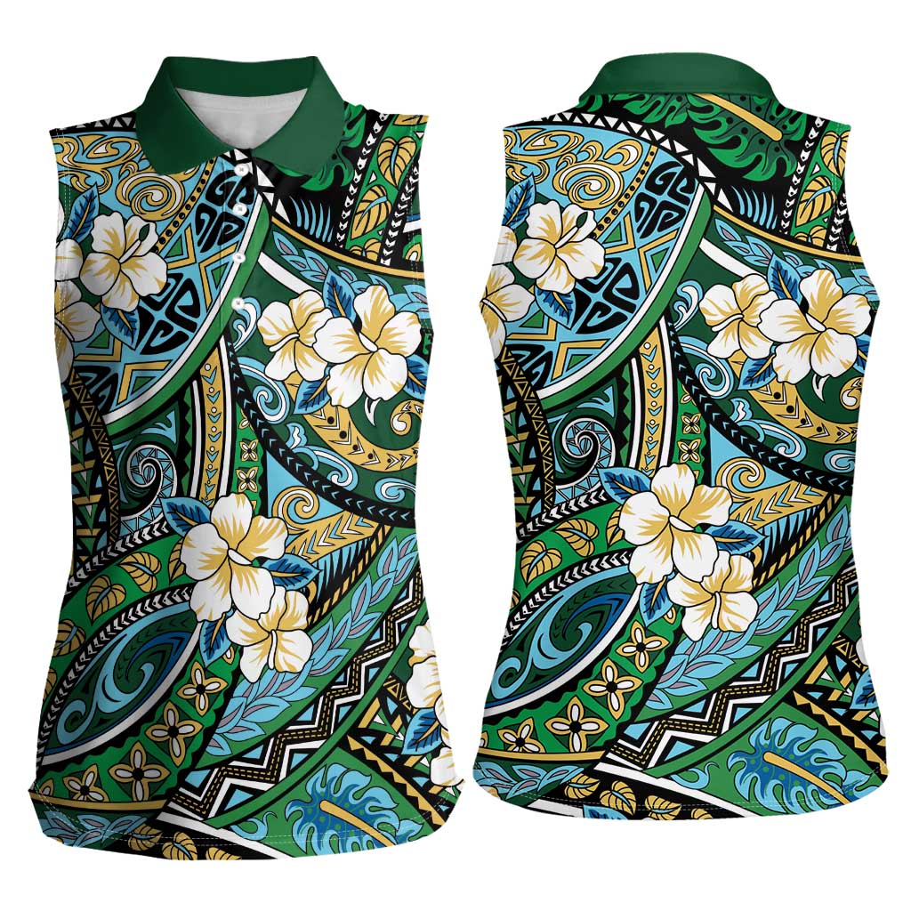 Polynesian Hibiscus Tropical Green Floral Women Sleeveless Polo Shirt Tribal Pattern - Polynesian Pride