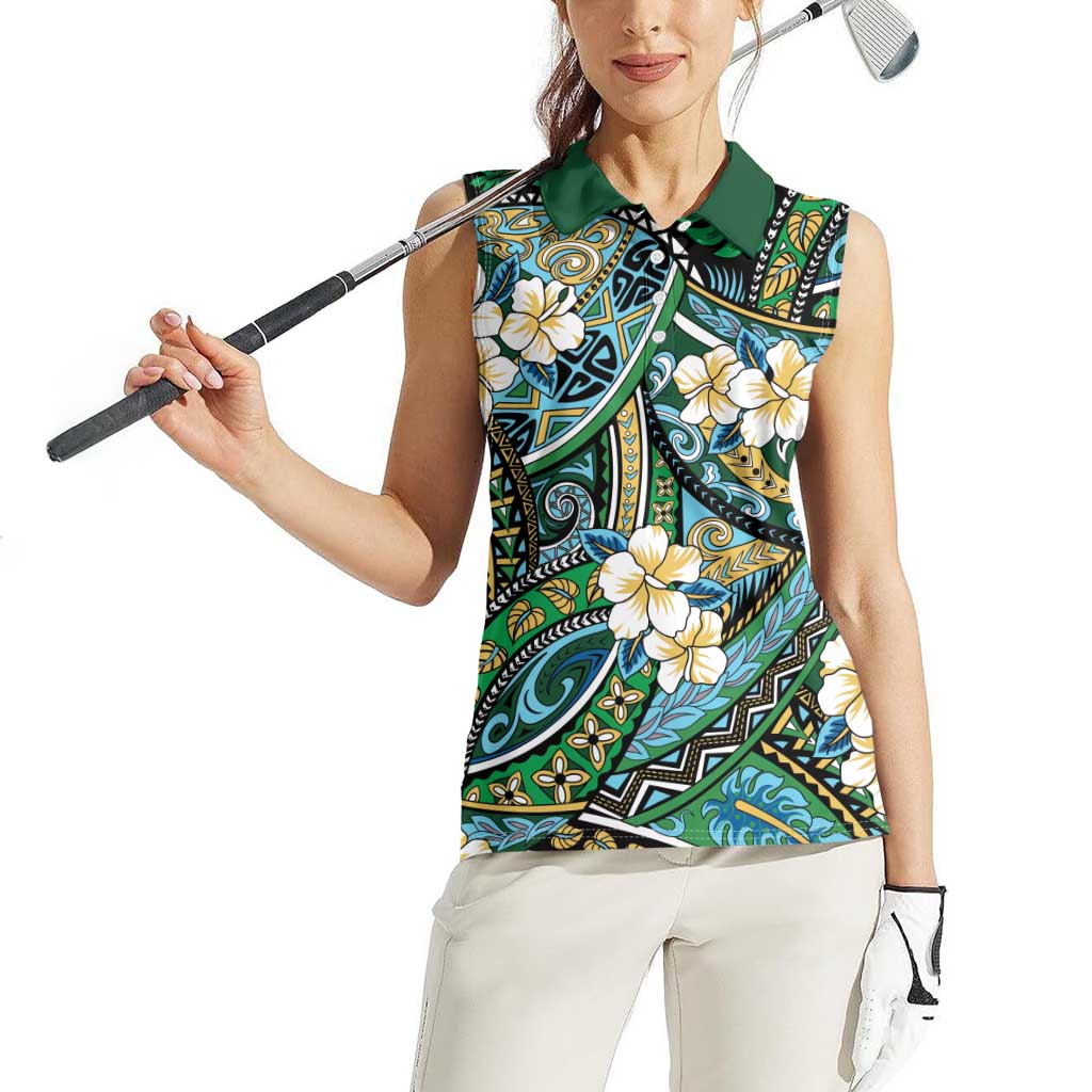 Polynesian Hibiscus Tropical Green Floral Women Sleeveless Polo Shirt Tribal Pattern - Polynesian Pride