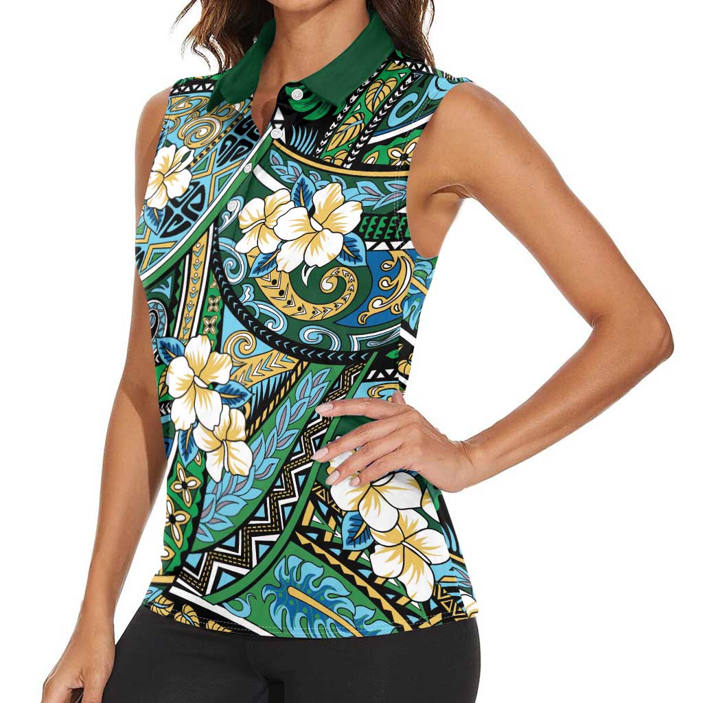 Polynesian Hibiscus Tropical Green Floral Women Sleeveless Polo Shirt Tribal Pattern - Polynesian Pride