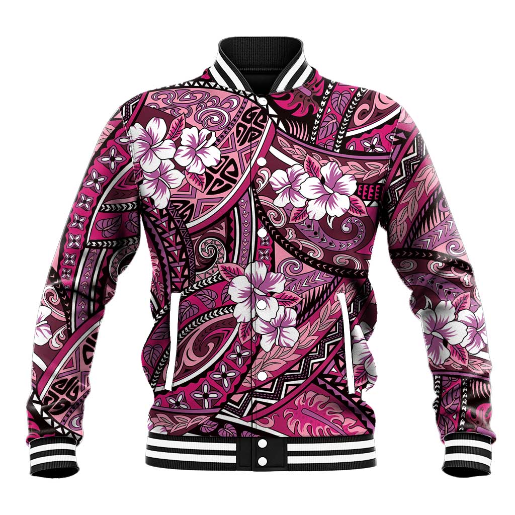Polynesian Hibiscus Tropical Pink Floral Baseball Jacket Tribal Pattern - Polynesian Pride