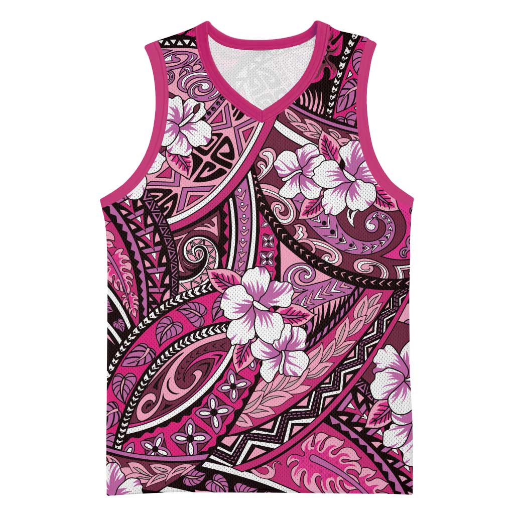 Polynesian Hibiscus Tropical Pink Floral Basketball Jersey Tribal Pattern - Polynesian Pride
