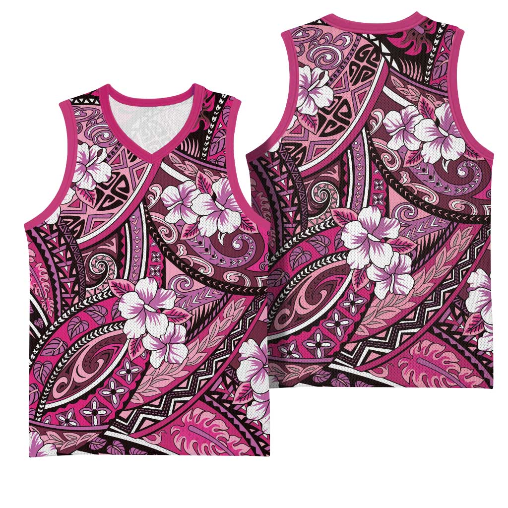 Polynesian Hibiscus Tropical Pink Floral Basketball Jersey Tribal Pattern - Polynesian Pride