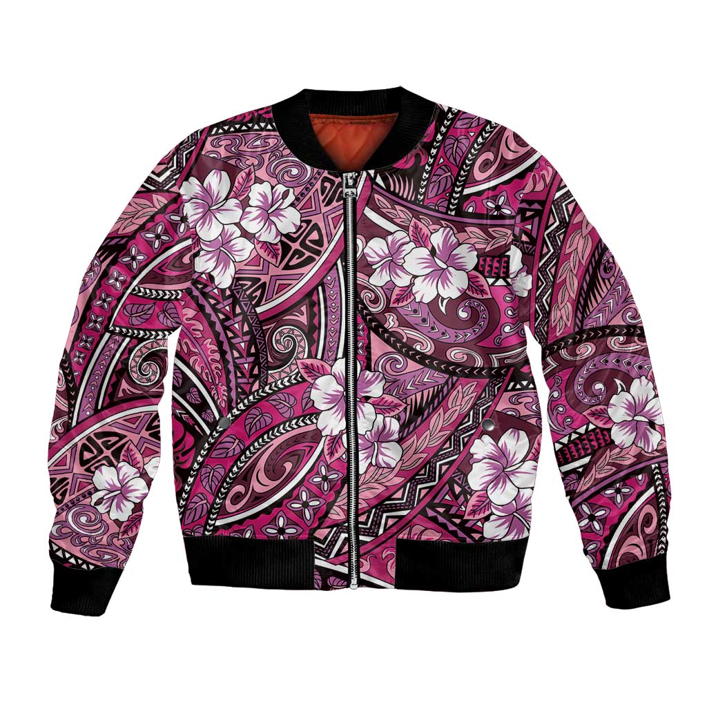 Polynesian Hibiscus Tropical Pink Floral Bomber Jacket Tribal Pattern - Polynesian Pride