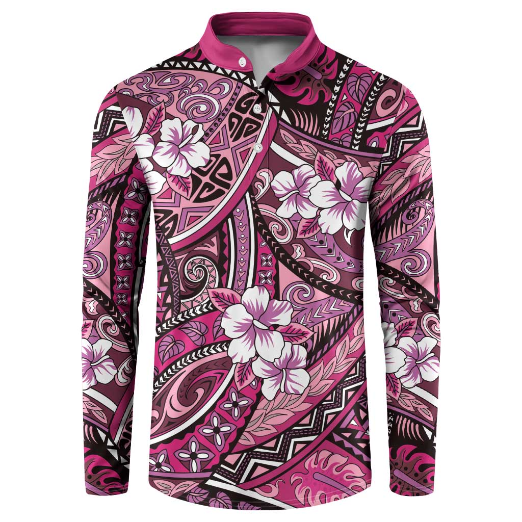 Polynesian Hibiscus Tropical Pink Floral Button Sweatshirt Tribal Pattern - Polynesian Pride