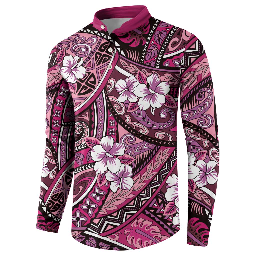 Polynesian Hibiscus Tropical Pink Floral Button Sweatshirt Tribal Pattern - Polynesian Pride