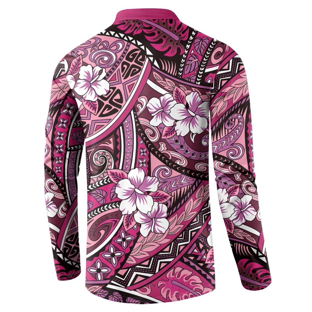 Polynesian Hibiscus Tropical Pink Floral Button Sweatshirt Tribal Pattern - Polynesian Pride