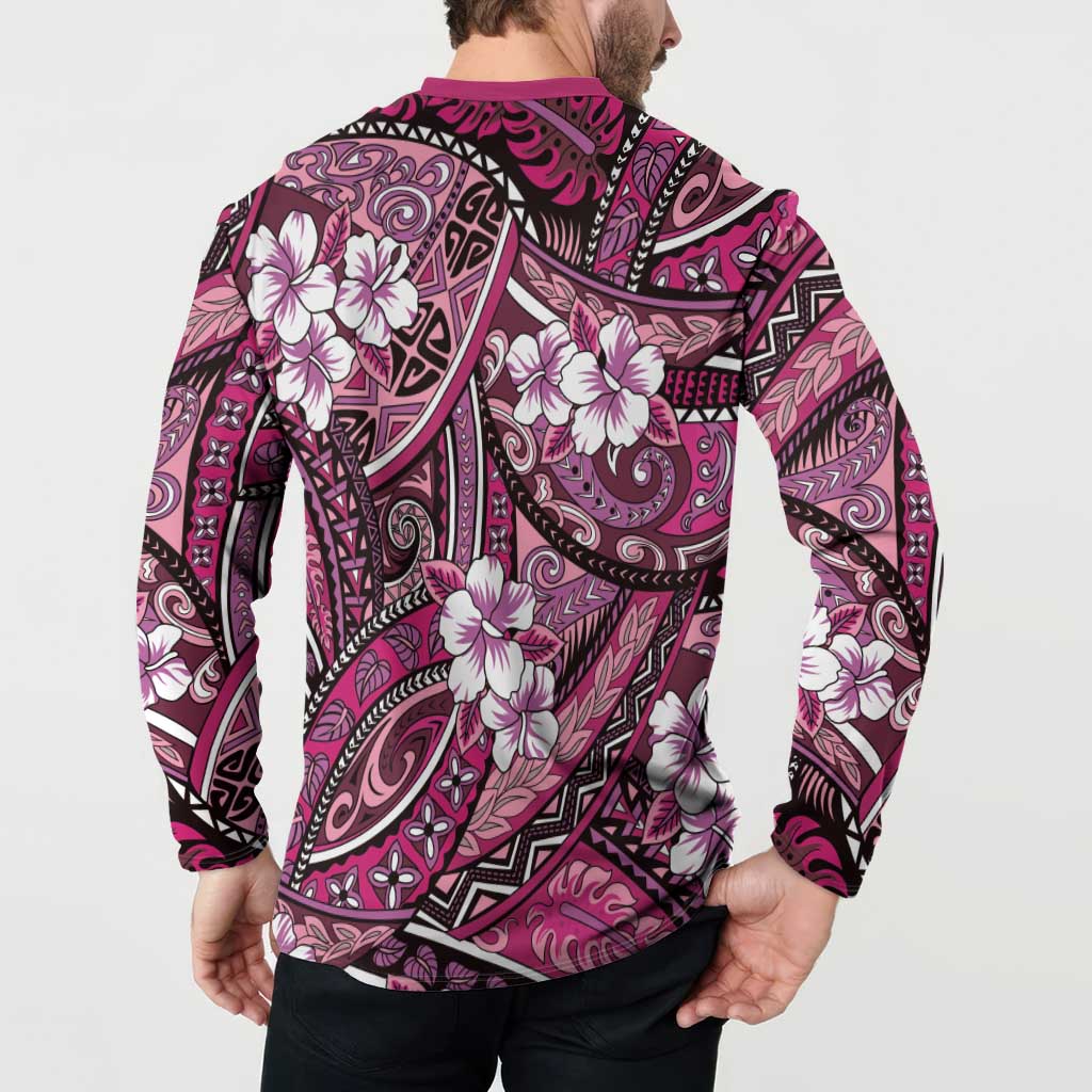 Polynesian Hibiscus Tropical Pink Floral Button Sweatshirt Tribal Pattern - Polynesian Pride