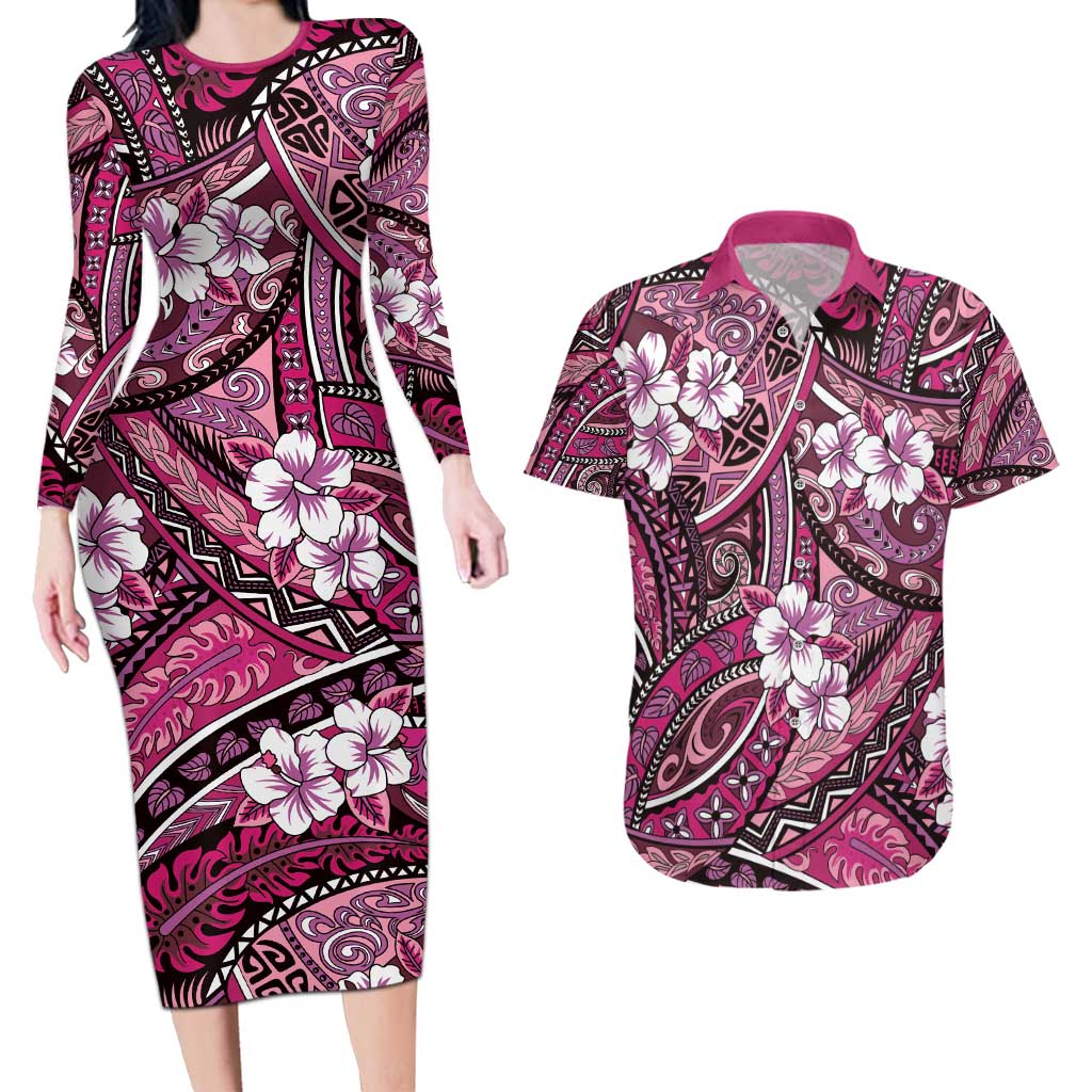 Polynesian Hibiscus Tropical Pink Floral Couples Matching Long Sleeve Bodycon Dress and Hawaiian Shirt Tribal Pattern - Polynesian Pride