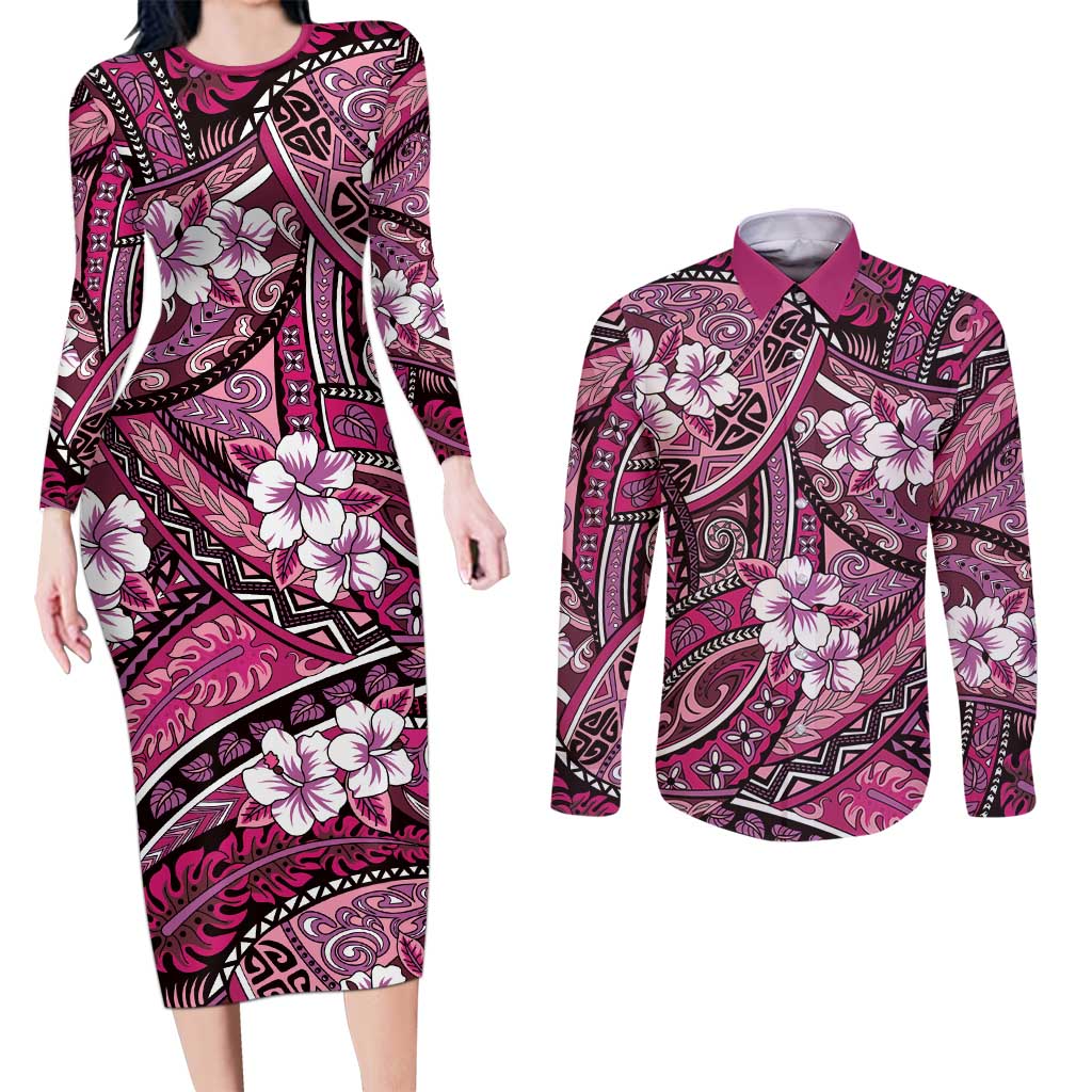 Polynesian Hibiscus Tropical Pink Floral Couples Matching Long Sleeve Bodycon Dress and Long Sleeve Button Shirt Tribal Pattern - Polynesian Pride