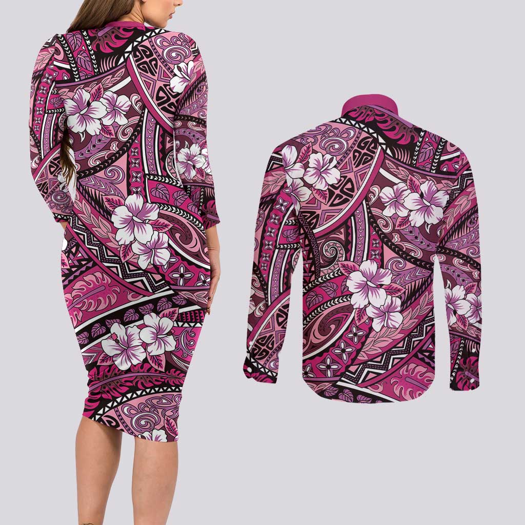 Polynesian Hibiscus Tropical Pink Floral Couples Matching Long Sleeve Bodycon Dress and Long Sleeve Button Shirt Tribal Pattern - Polynesian Pride