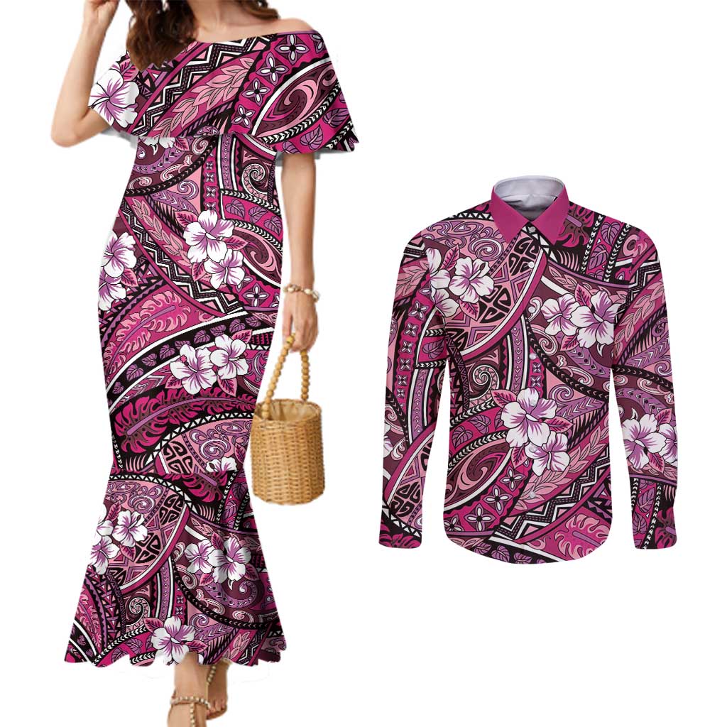Polynesian Hibiscus Tropical Pink Floral Couples Matching Mermaid Dress and Long Sleeve Button Shirt Tribal Pattern - Polynesian Pride