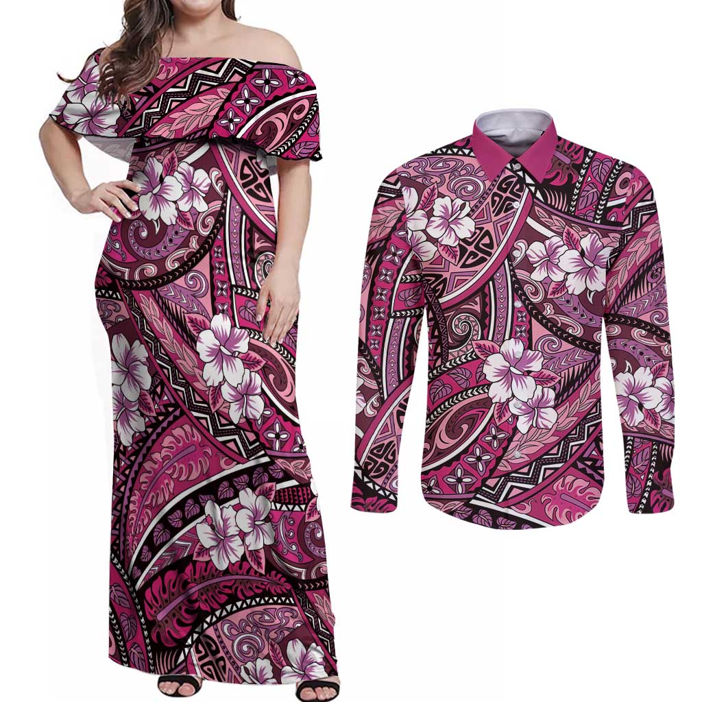 Polynesian Hibiscus Tropical Pink Floral Couples Matching Off Shoulder Maxi Dress and Long Sleeve Button Shirt Tribal Pattern - Polynesian Pride
