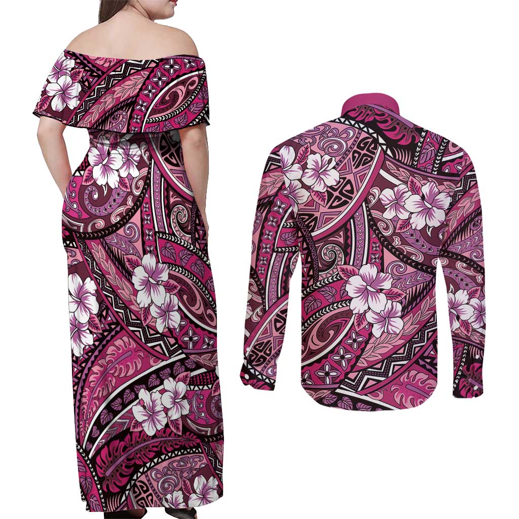 Polynesian Hibiscus Tropical Pink Floral Couples Matching Off Shoulder Maxi Dress and Long Sleeve Button Shirt Tribal Pattern - Polynesian Pride