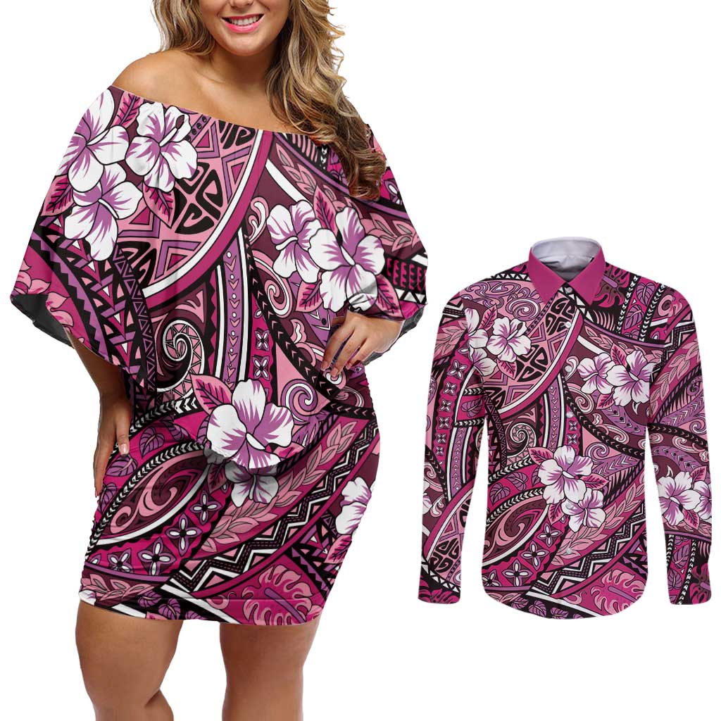 Polynesian Hibiscus Tropical Pink Floral Couples Matching Off Shoulder Short Dress and Long Sleeve Button Shirt Tribal Pattern - Polynesian Pride