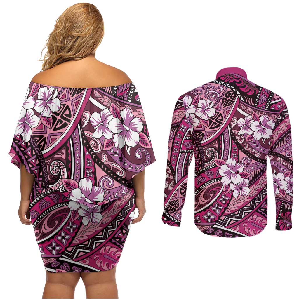Polynesian Hibiscus Tropical Pink Floral Couples Matching Off Shoulder Short Dress and Long Sleeve Button Shirt Tribal Pattern - Polynesian Pride