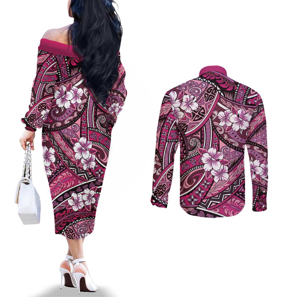 Polynesian Hibiscus Tropical Pink Floral Couples Matching Off The Shoulder Long Sleeve Dress and Long Sleeve Button Shirt Tribal Pattern - Polynesian Pride