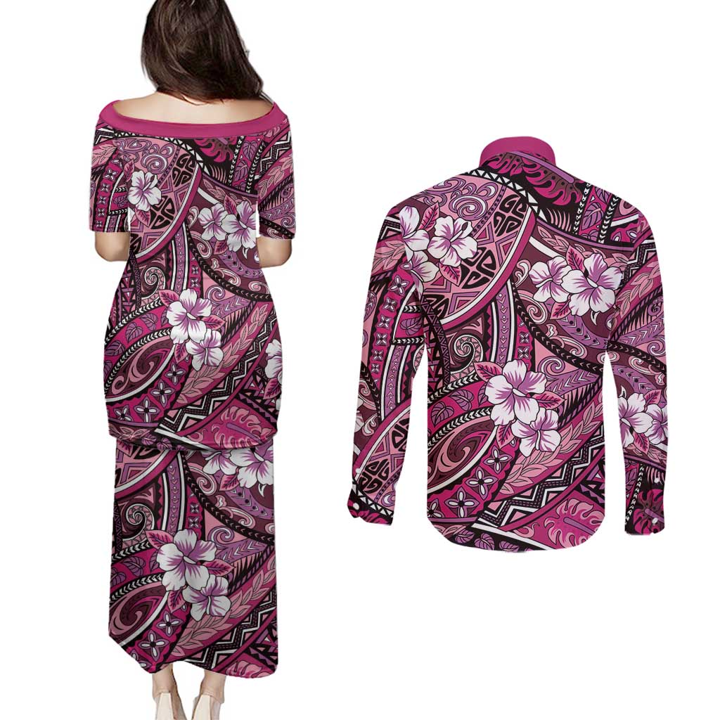 Polynesian Hibiscus Tropical Pink Floral Couples Matching Puletasi and Long Sleeve Button Shirt Tribal Pattern - Polynesian Pride