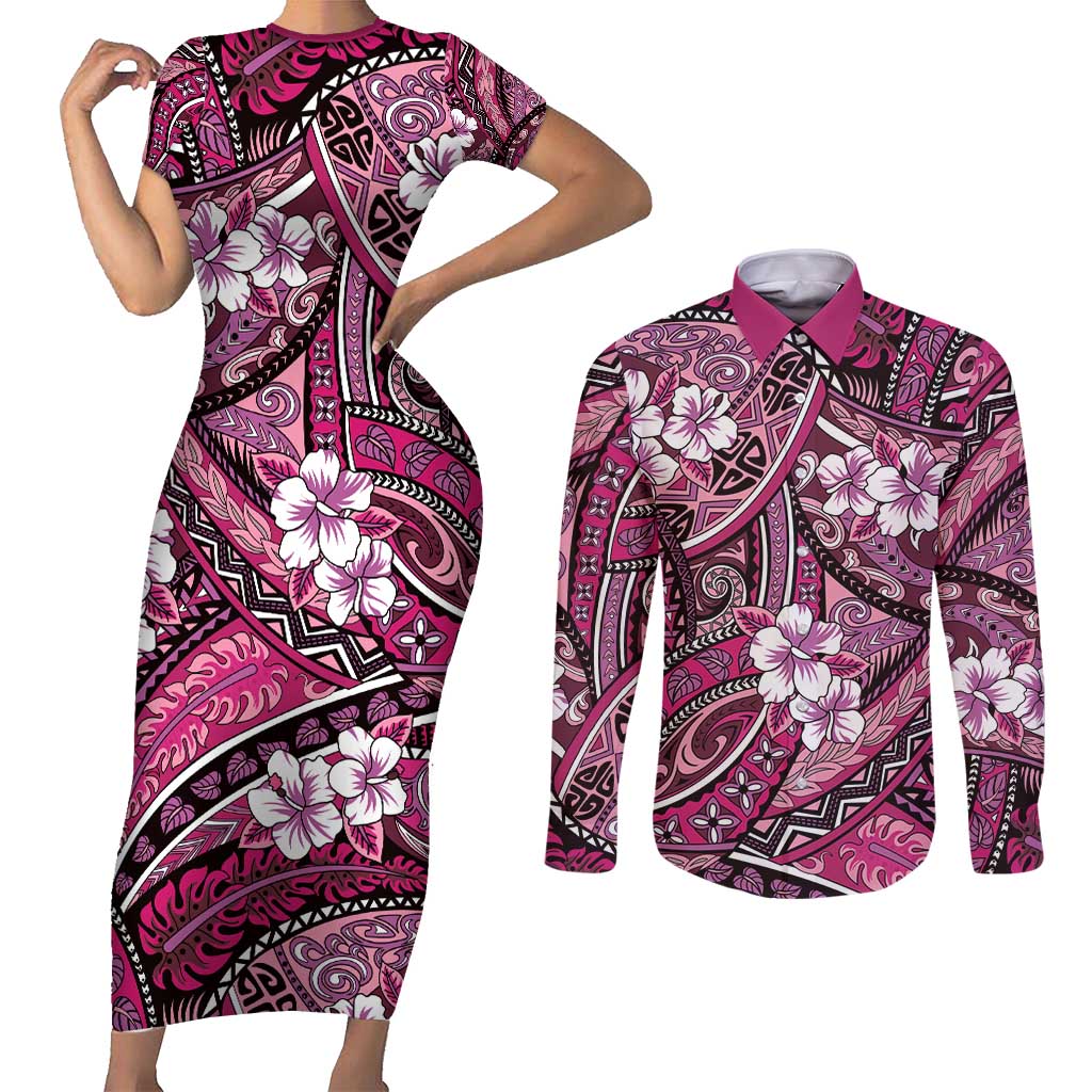 Polynesian Hibiscus Tropical Pink Floral Couples Matching Short Sleeve Bodycon Dress and Long Sleeve Button Shirt Tribal Pattern - Polynesian Pride