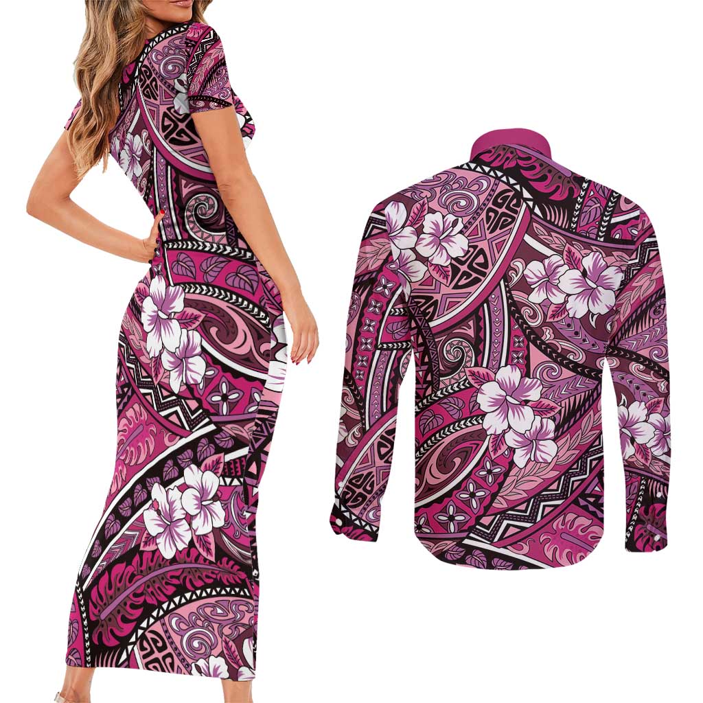 Polynesian Hibiscus Tropical Pink Floral Couples Matching Short Sleeve Bodycon Dress and Long Sleeve Button Shirt Tribal Pattern - Polynesian Pride