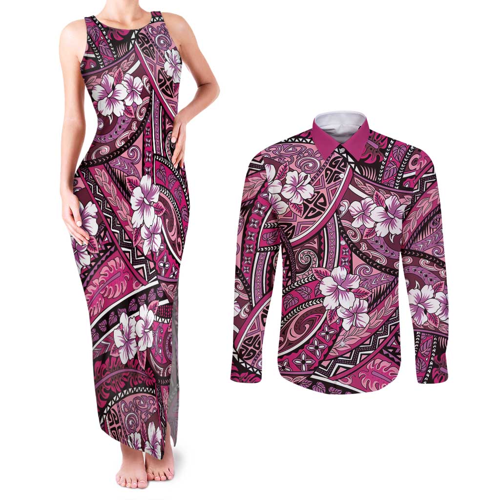 Polynesian Hibiscus Tropical Pink Floral Couples Matching Tank Maxi Dress and Long Sleeve Button Shirt Tribal Pattern - Polynesian Pride