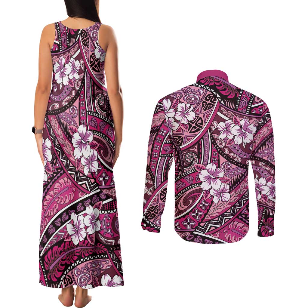 Polynesian Hibiscus Tropical Pink Floral Couples Matching Tank Maxi Dress and Long Sleeve Button Shirt Tribal Pattern - Polynesian Pride