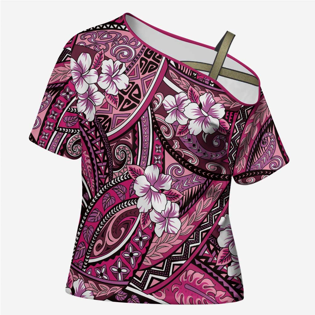 Polynesian Hibiscus Tropical Pink Floral Cross Shoulder Shirt Tribal Pattern - Polynesian Pride