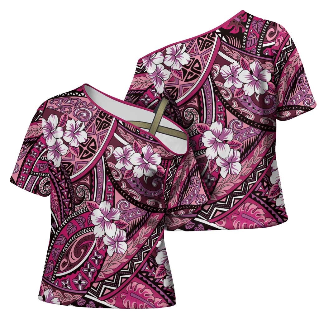 Polynesian Hibiscus Tropical Pink Floral Cross Shoulder Shirt Tribal Pattern - Polynesian Pride