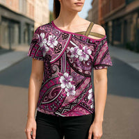 Polynesian Hibiscus Tropical Pink Floral Cross Shoulder Shirt Tribal Pattern - Polynesian Pride