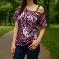 Polynesian Hibiscus Tropical Pink Floral Cross Shoulder Shirt Tribal Pattern - Polynesian Pride