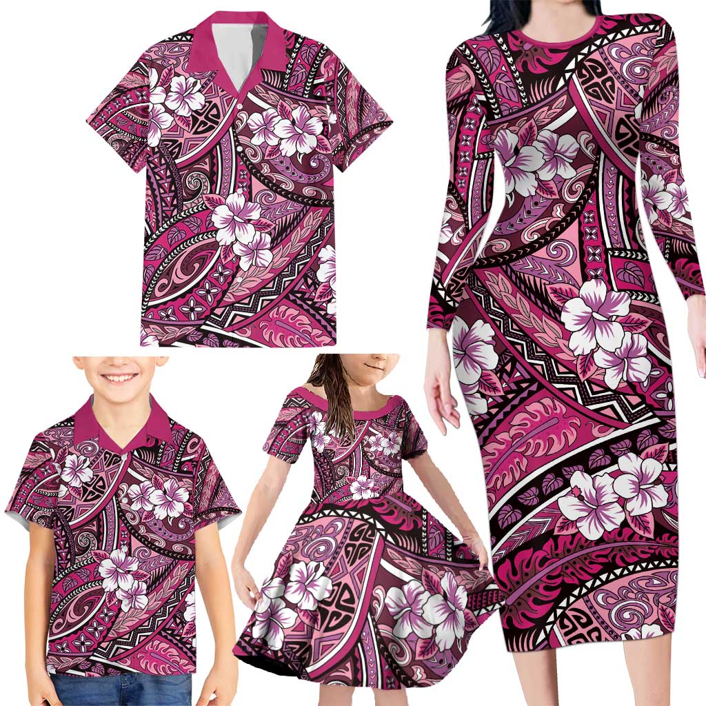 Polynesian Hibiscus Tropical Pink Floral Family Matching Long Sleeve Bodycon Dress and Hawaiian Shirt Tribal Pattern - Polynesian Pride