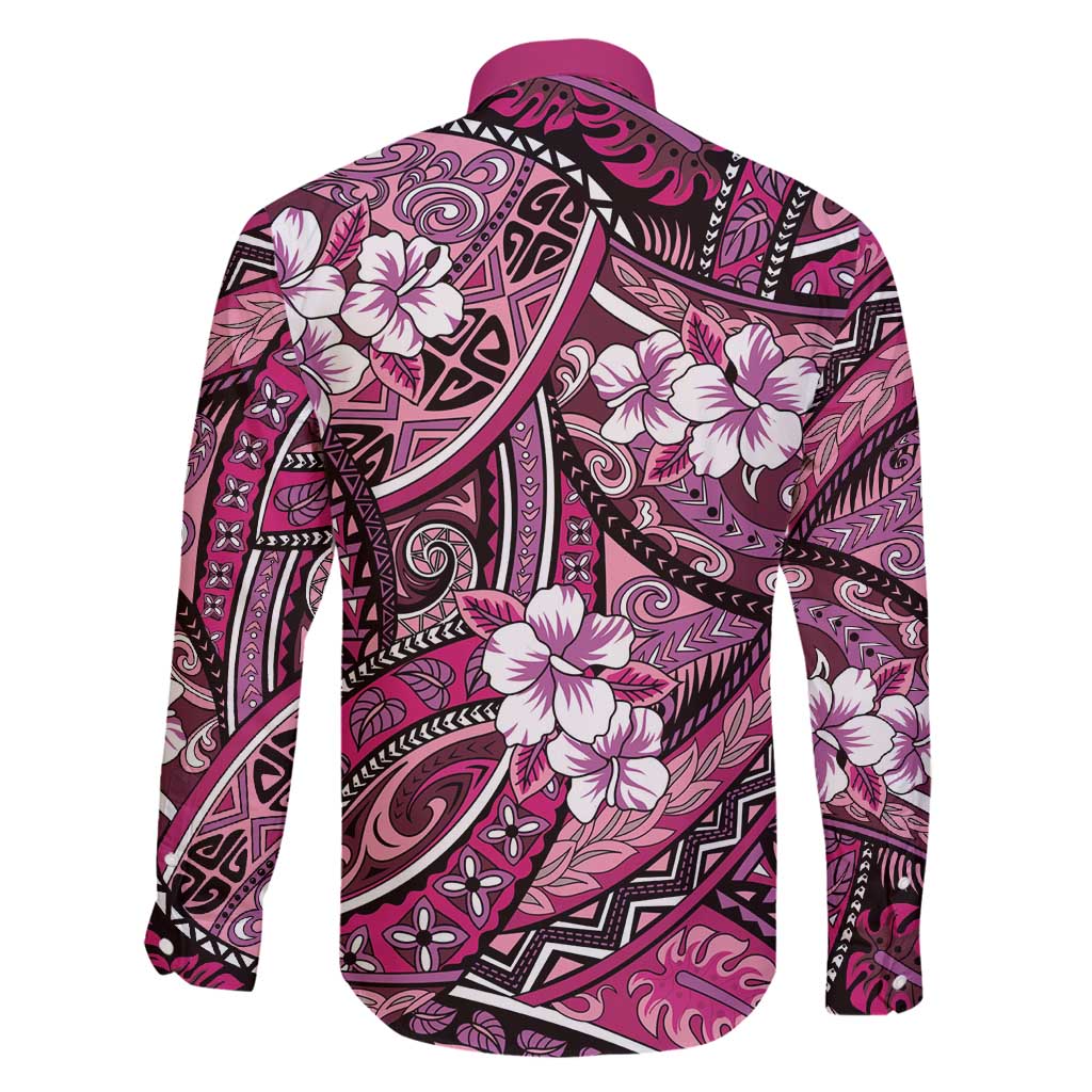 Polynesian Hibiscus Tropical Pink Floral Family Matching Long Sleeve Bodycon Dress and Hawaiian Shirt Tribal Pattern - Polynesian Pride