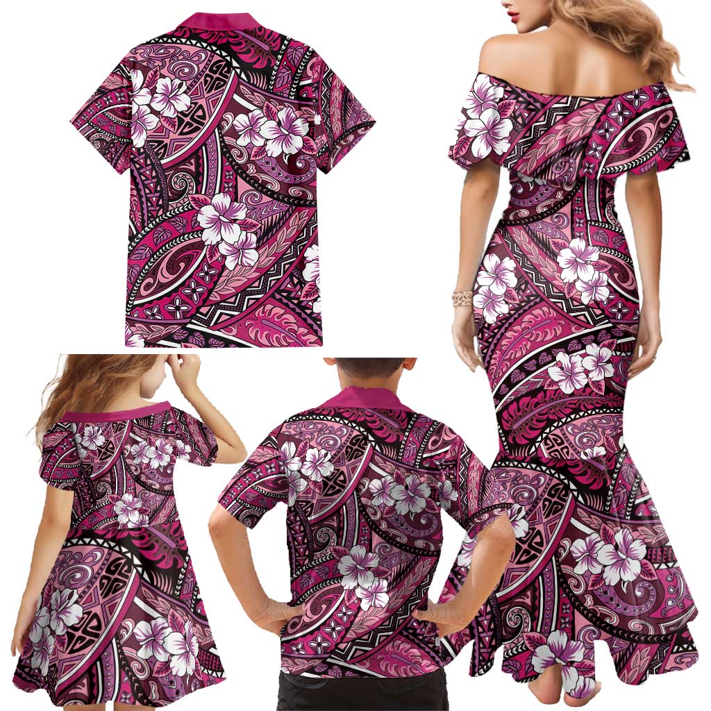 Polynesian Hibiscus Tropical Pink Floral Family Matching Mermaid Dress and Hawaiian Shirt Tribal Pattern - Polynesian Pride