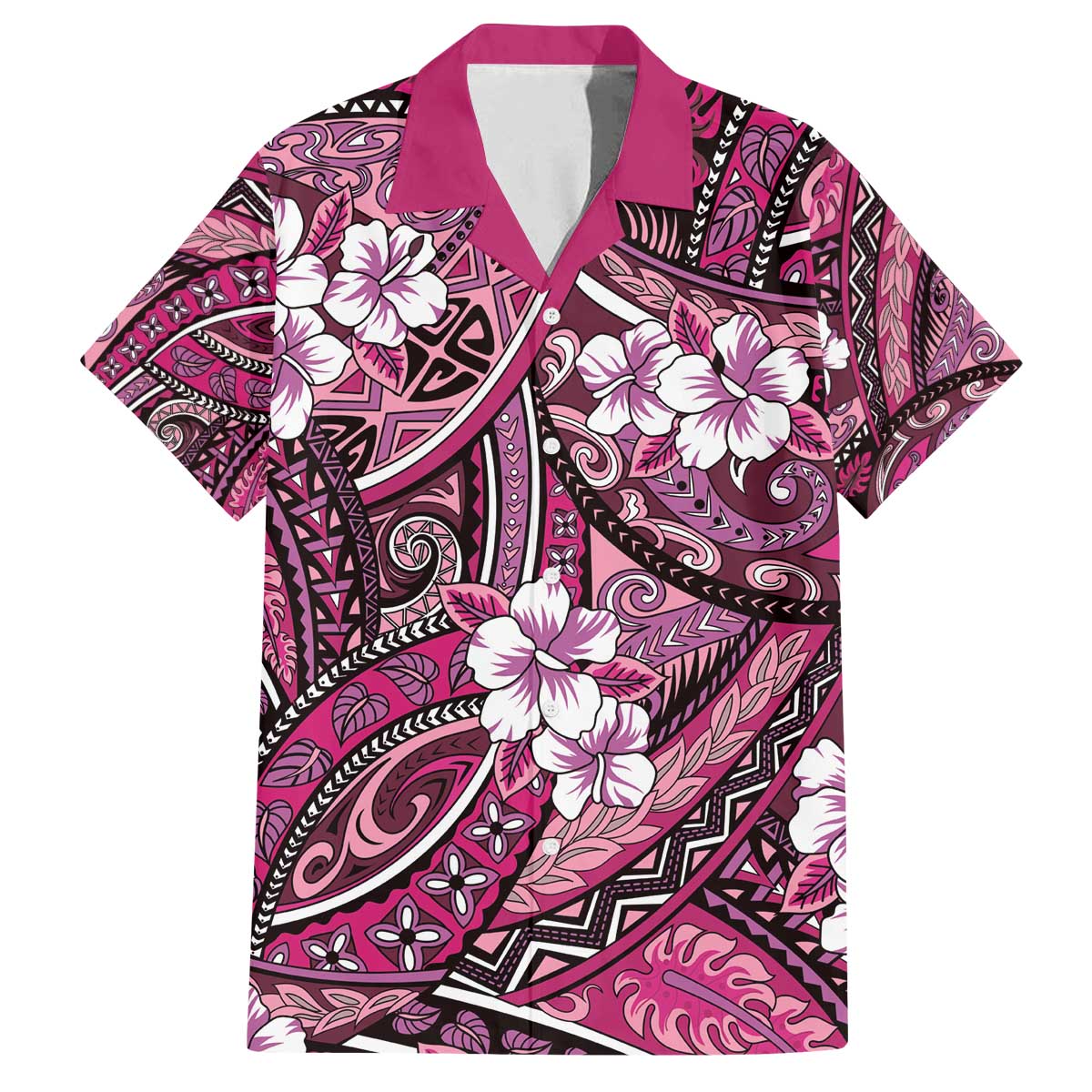 Polynesian Hibiscus Tropical Pink Floral Family Matching Off The Shoulder Long Sleeve Dress and Hawaiian Shirt Tribal Pattern - Polynesian Pride