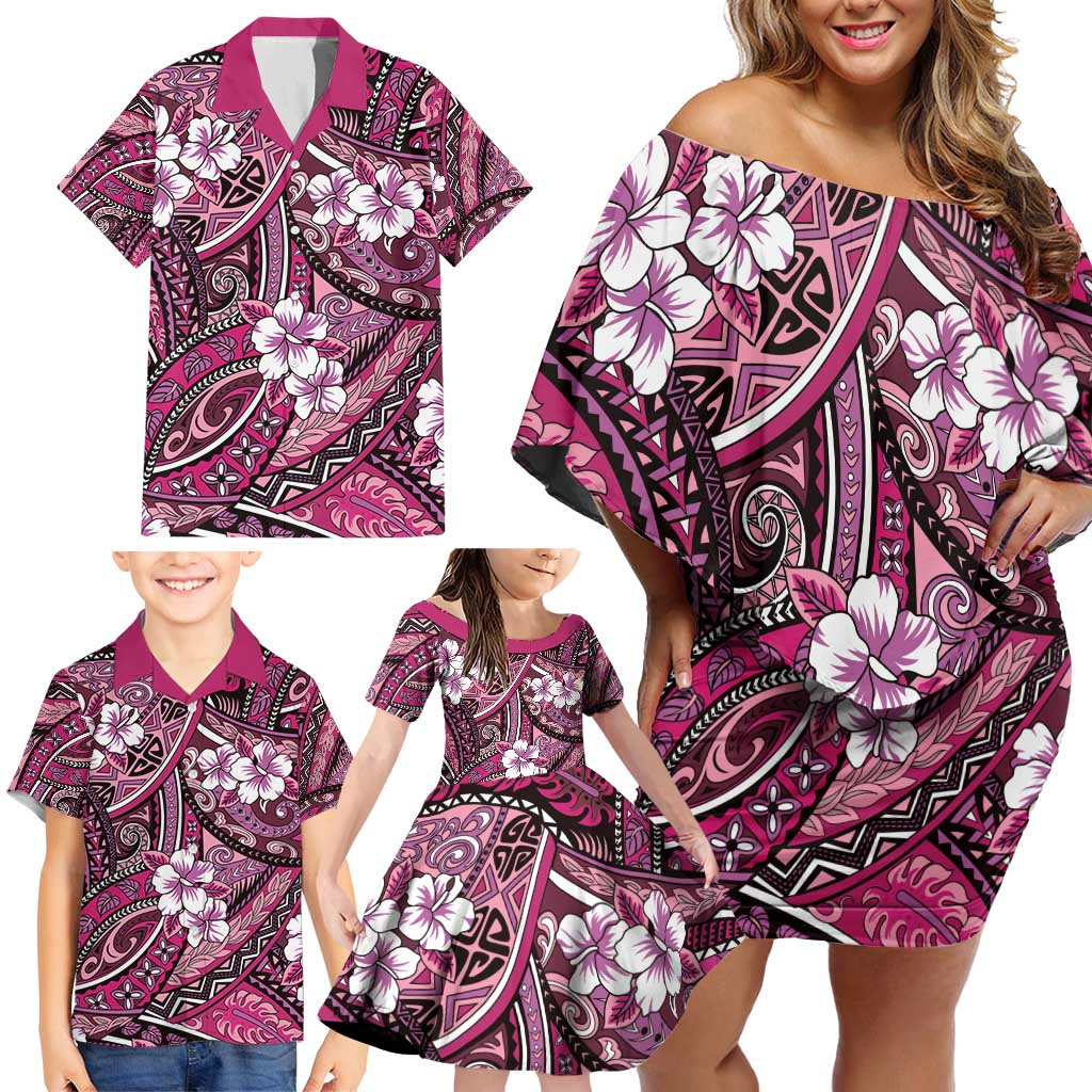 Polynesian Hibiscus Tropical Pink Floral Family Matching Off Shoulder Short Dress and Hawaiian Shirt Tribal Pattern - Polynesian Pride