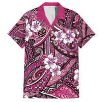 Polynesian Hibiscus Tropical Pink Floral Family Matching Off Shoulder Short Dress and Hawaiian Shirt Tribal Pattern - Polynesian Pride