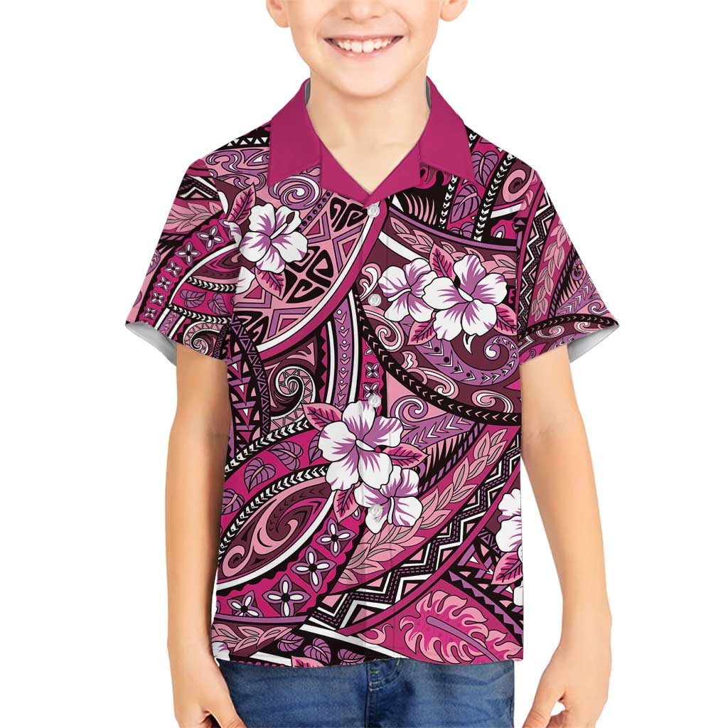 Polynesian Hibiscus Tropical Pink Floral Family Matching Off Shoulder Short Dress and Hawaiian Shirt Tribal Pattern - Polynesian Pride